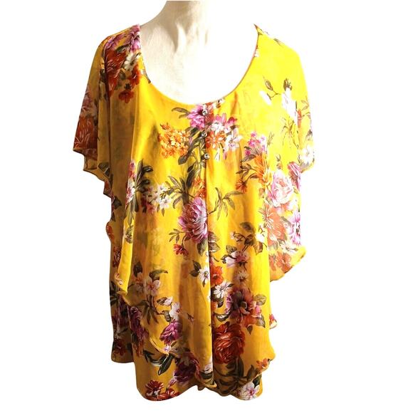 Exotic Tropical Tunic Blouse Sz L Yellow Rhinestones Floral Kimono Flowy Cottage - Picture 13 of 14